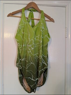 Green Floral One-Piece Swimsuit - Halter Tie Back